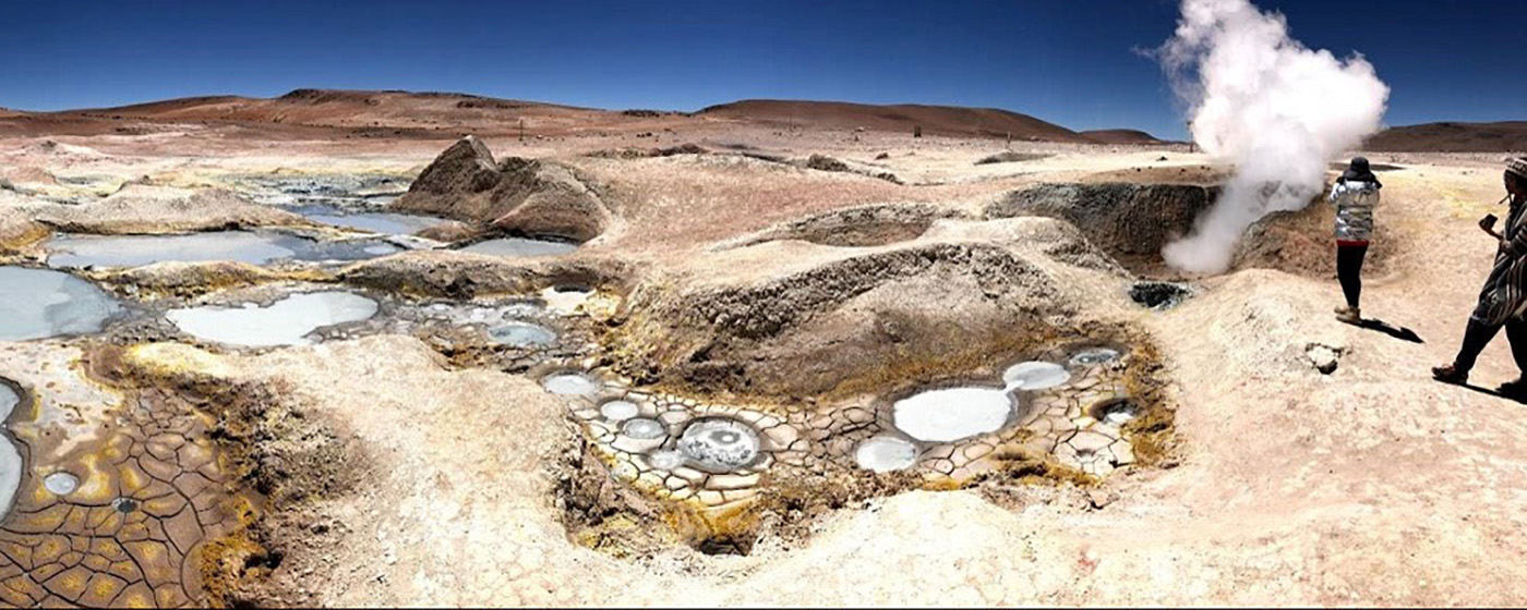 This volcanic landscape and the associated active geothermal systems in this salar watershed, in Bolivia, are closely associated with the elevated Li-concentrations in groundwater and the formation of the Li-brines.